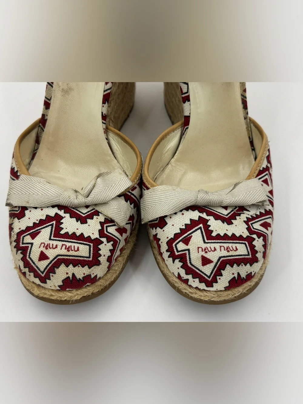 Miu Miu Slingback Wedge Espadrille Multicolor Logo Printed Canvas Ankle Strap 37